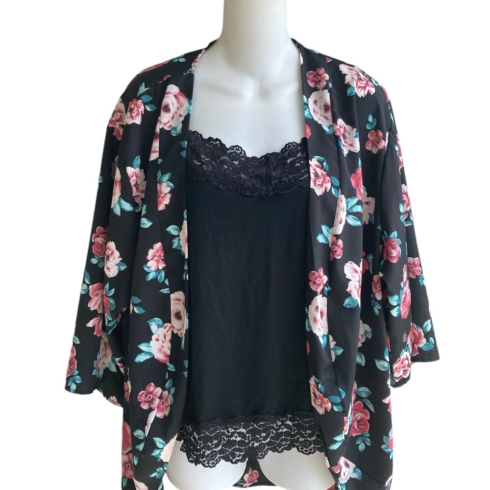 Topia Black Multi Floral Open Shrug Kimono 3/4 Sleeves Ladies One Size